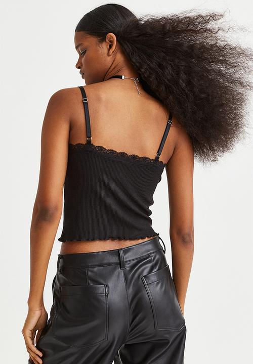 H&M - Lace-trimmed ribbed top - black