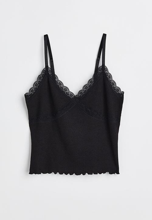 H&M - Lace-trimmed ribbed top - black