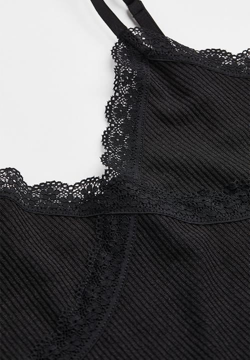 H&M - Lace-trimmed ribbed top - black