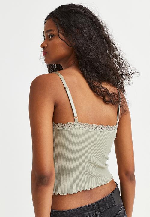 H&M - Lace-trimmed ribbed top - light khaki green