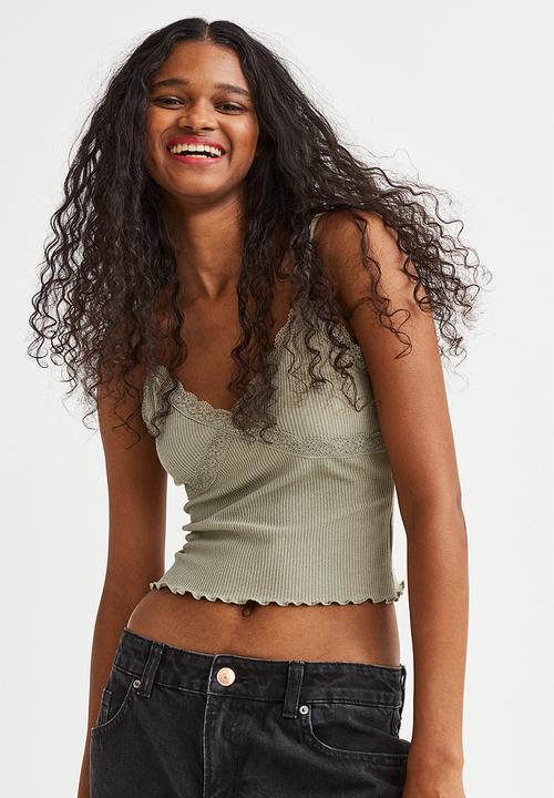 H&M - Lace-trimmed ribbed top - light khaki green