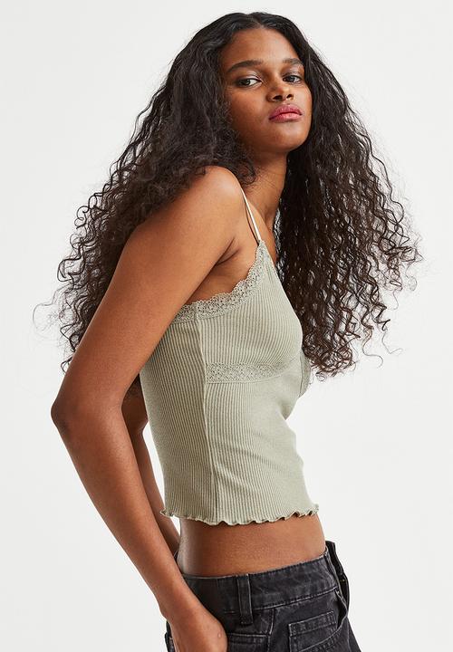 H&M - Lace-trimmed ribbed top - light khaki green