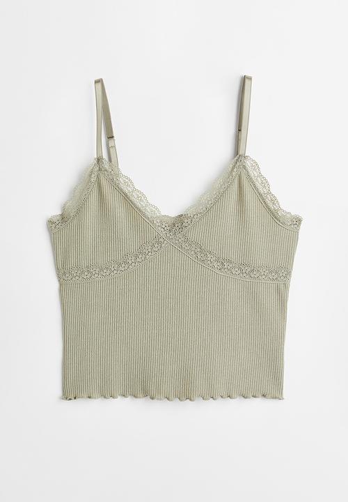 H&M - Lace-trimmed ribbed top - light khaki green