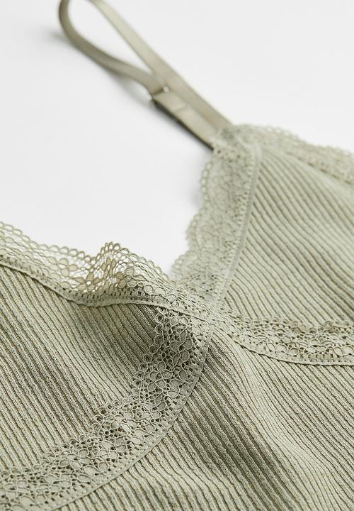 H&M - Lace-trimmed ribbed top - light khaki green