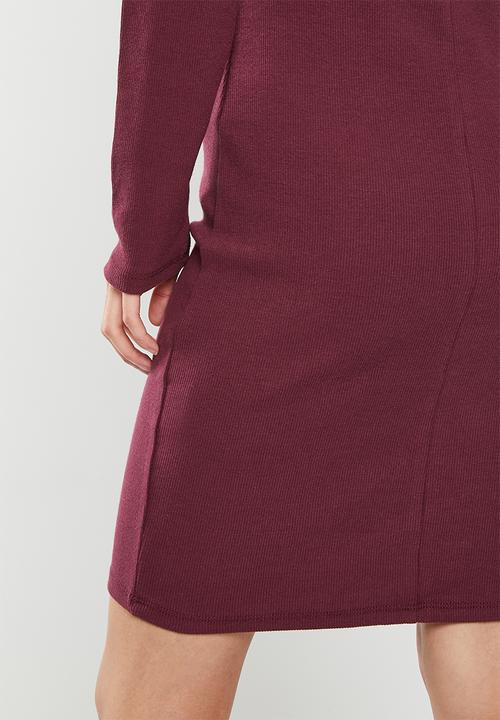 Cotton On - Rib long sleeve mini dress - purple brown