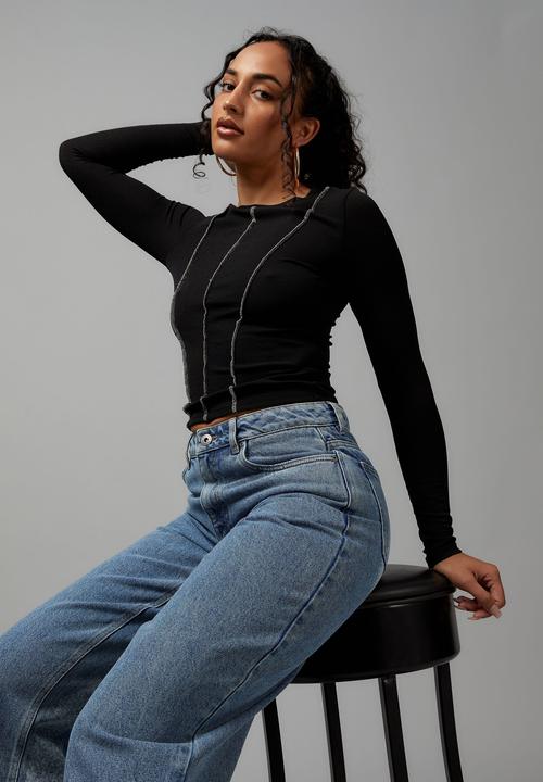 Factorie - Sheer long sleeve top - black/white