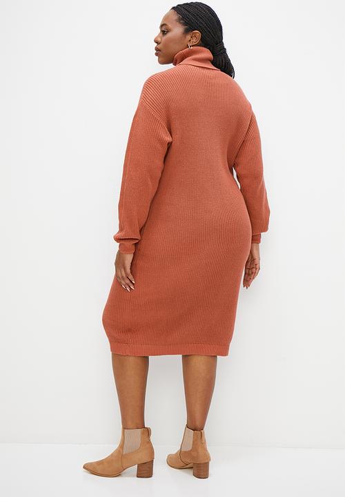 edit Plus - Chunky roll neck knitwear dress - rust