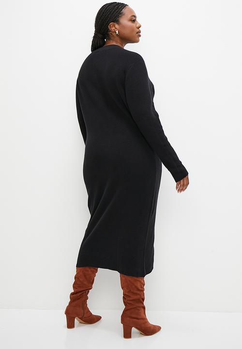 edit Plus - Ribbed button down column dress - black