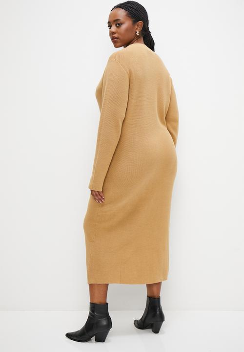 edit Plus - Ribbed button down column dress - taupe melange