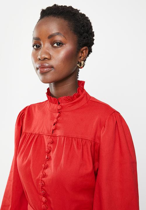 Trendyol - Stand up collar tie detail dress - red