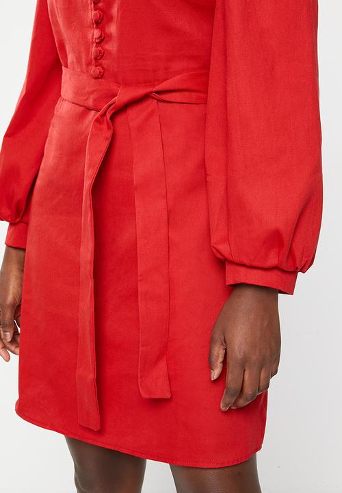 Trendyol - Stand up collar tie detail dress - red
