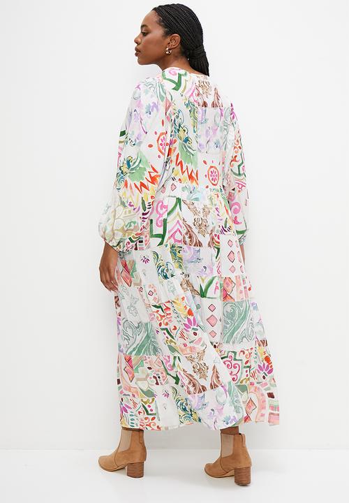 edit Plus - Tiered dress with front ties - patchwork border print