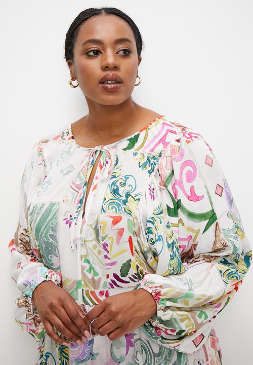 edit Plus - Tiered dress with front ties - patchwork border print