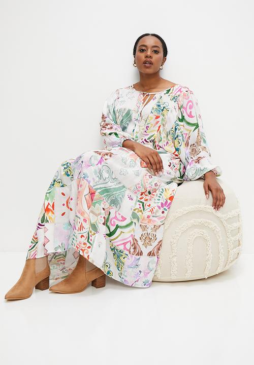 edit Plus - Tiered dress with front ties - patchwork border print