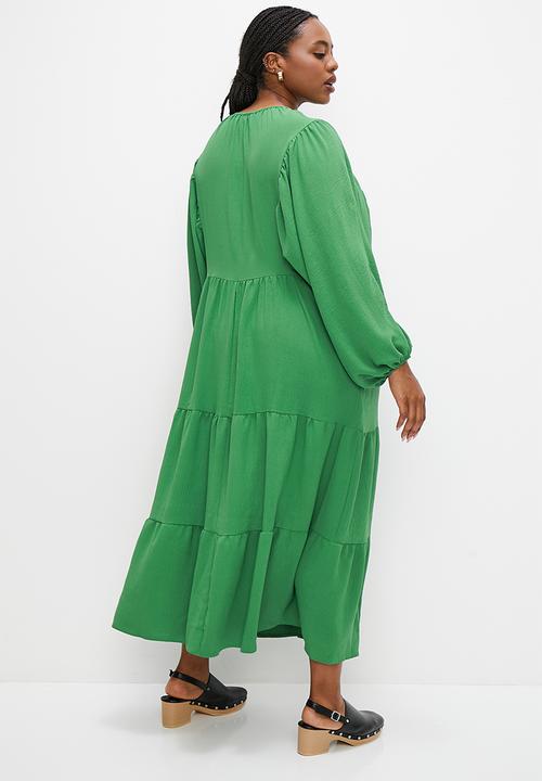 edit Plus - Tiered dress with front ties - green
