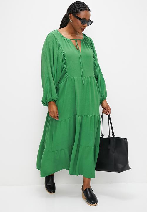 edit Plus - Tiered dress with front ties - green