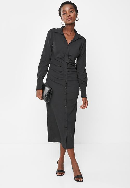 Trendyol - Ruched waist button down dress - black