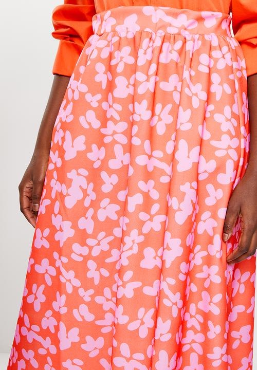 Trendyol - Floral printed knitted scuba crepe skirt  - pink & orange
