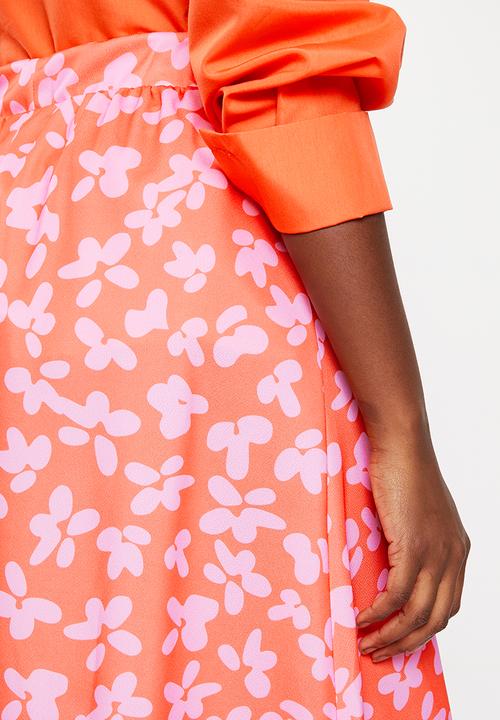 Trendyol - Floral printed knitted scuba crepe skirt  - pink & orange