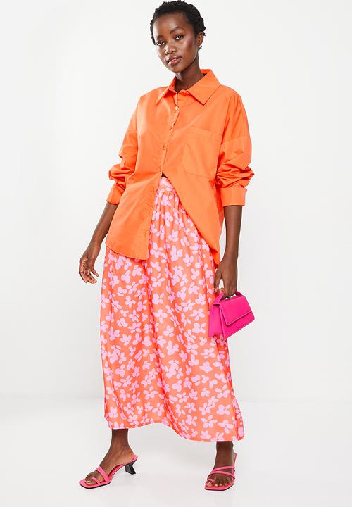 Trendyol - Floral printed knitted scuba crepe skirt  - pink & orange