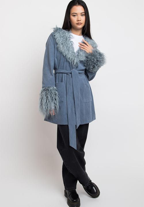 Daisy Street - Cord and fur trim coat - blue