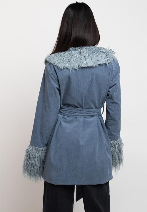 Daisy Street - Cord and fur trim coat - blue