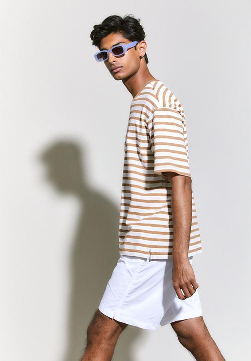 H&M - Relaxed fit cotton T-shirt - beige & white striped