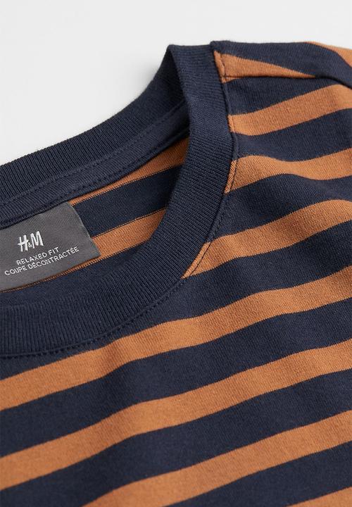 H&M - Relaxed fit cotton T-shirt - dark blue & brown striped