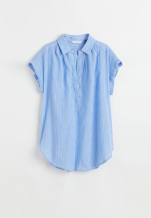 H&M - V-neck cotton blouse - light blue/striped