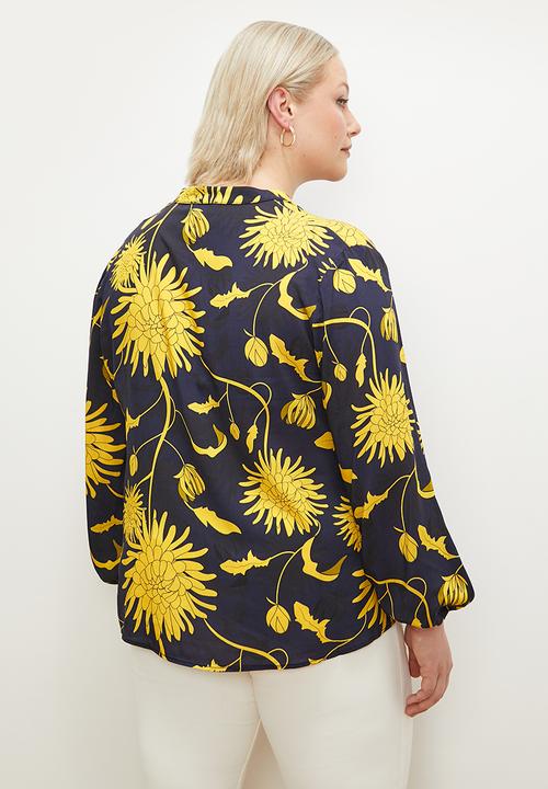 edit Plus - V  neck blouse  - navy & yellow
