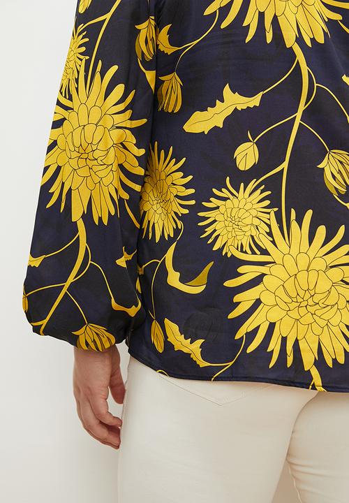 edit Plus - V  neck blouse  - navy & yellow