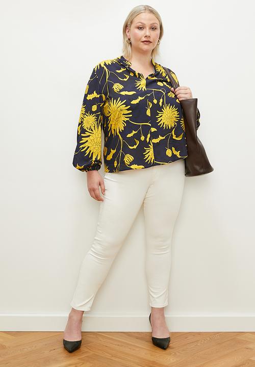 edit Plus - V  neck blouse  - navy & yellow
