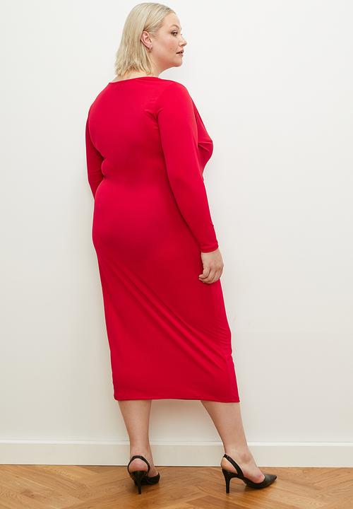 edit Plus - Draped front long sleeve knit dress - red