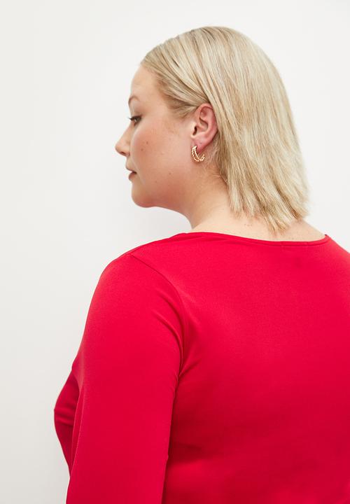 edit Plus - Draped front long sleeve knit dress - red