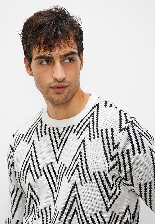Superbalist - Regular fit aztec pattern crew neck - cream & black