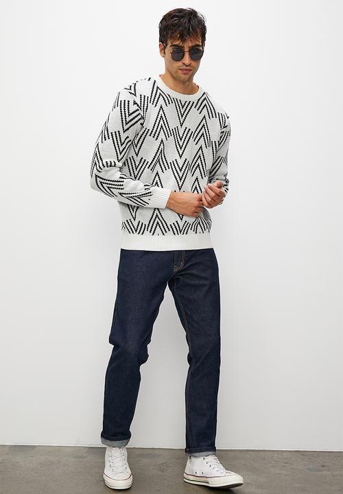 Superbalist - Regular fit aztec pattern crew neck - cream & black