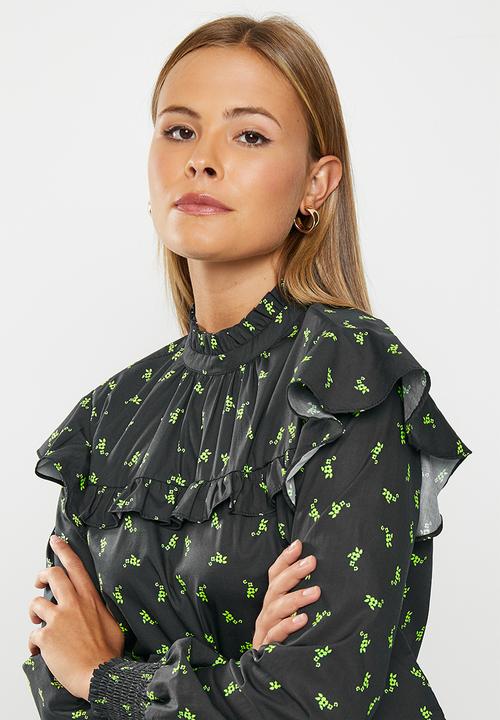 Glamorous - Ruffle shoulder co-ord blouse - black lime flower