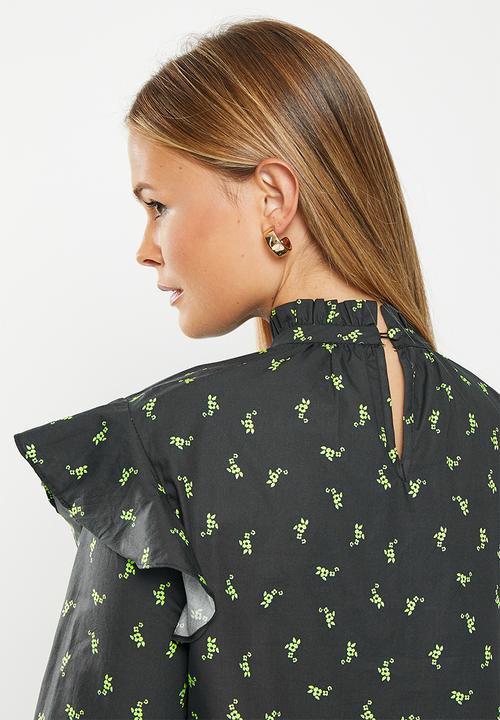 Glamorous - Ruffle shoulder co-ord blouse - black lime flower