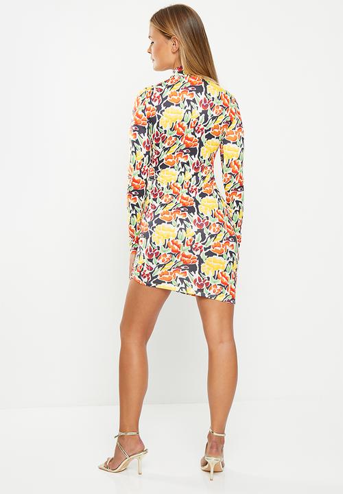 Glamorous - Floral high neck mini - orange yellow tulips