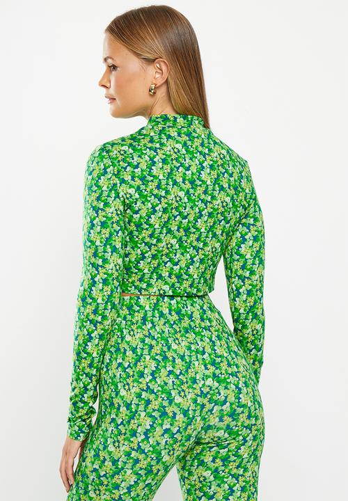 Glamorous - Floral long sleeve ditsy crop co-ord - lime and blue
