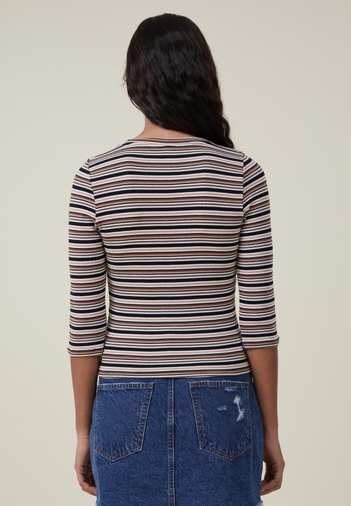Cotton On - Jamie 3/4 sleeve top - alanis stripe rich brown
