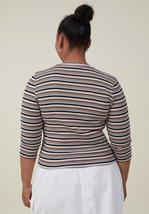 Cotton On - Curve jamie 3/4 sleeve top - alanis stripe rich brown