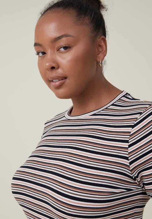 Cotton On - Curve jamie 3/4 sleeve top - alanis stripe rich brown