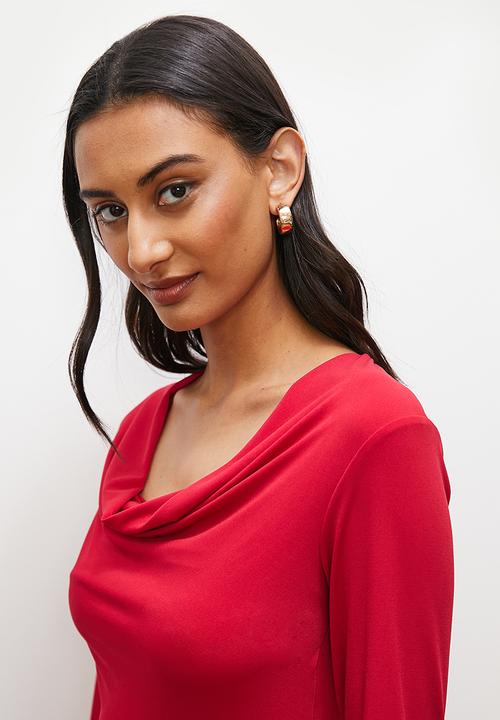 edit - Draped front long sleeve knit dress - red1