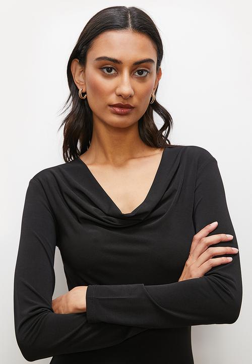 edit - Draped front long sleeve knit dress - black1