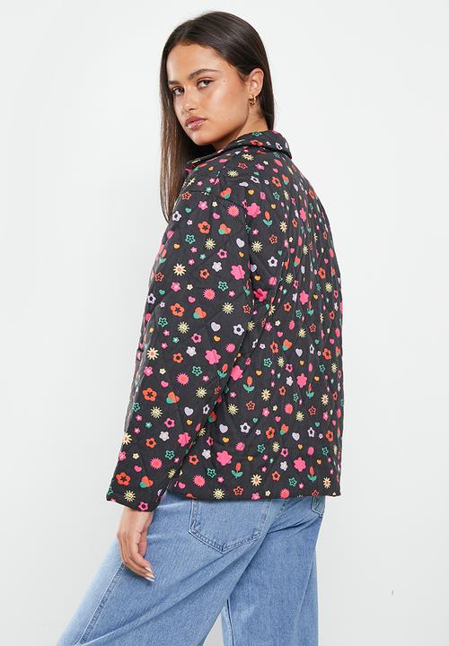 Daisy Street - Sticker print quilted collared coat - black