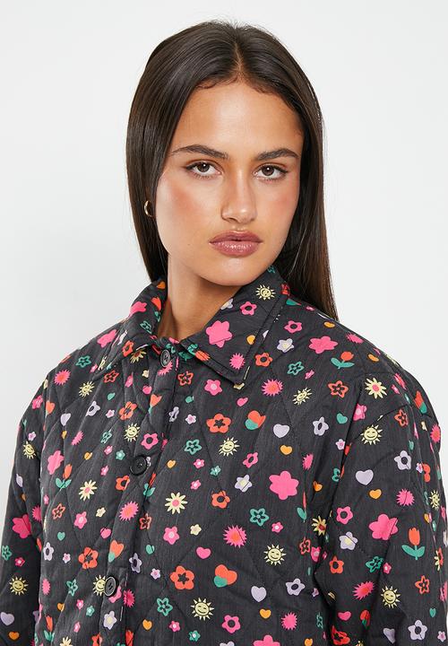 Daisy Street - Sticker print quilted collared coat - black