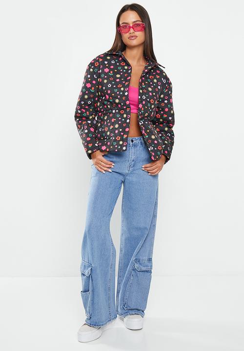 Daisy Street - Sticker print quilted collared coat - black