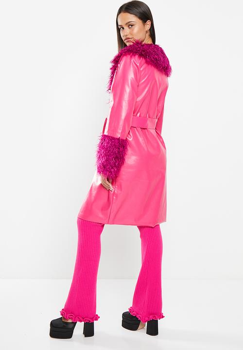 Daisy Street - Fur trim PU coat - pink
