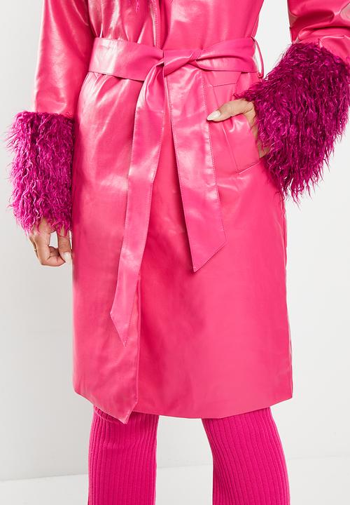 Daisy Street - Fur trim PU coat - pink